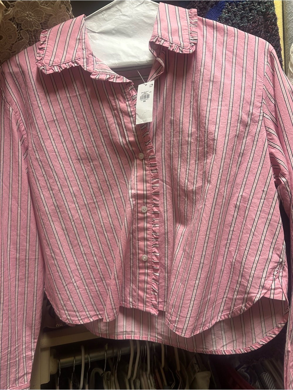 Old Navy Pink and White Striped Button-Down Shirt with Ruffle Trim